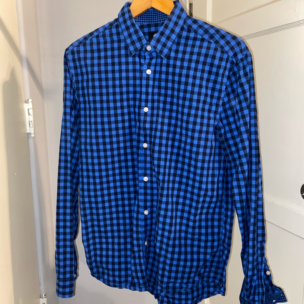 Blue and black button down shirt